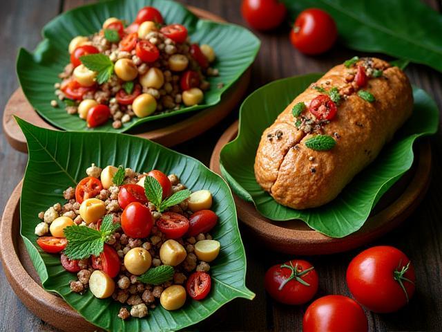 Traditional Indigenous Australian cuisine served on native leaves