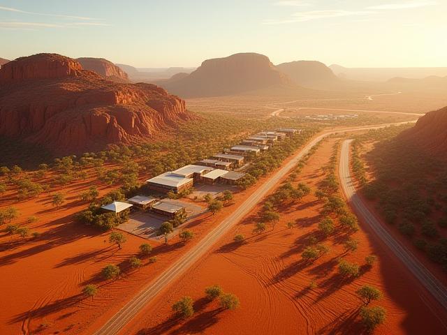 Photorealistic aerial photo of Alice Springs area featuring the Outback Harvest headquarters location