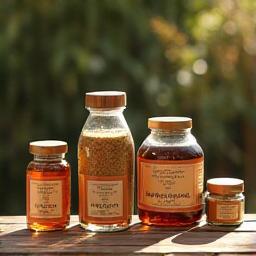 Bottles of native extracts and powders on wooden table